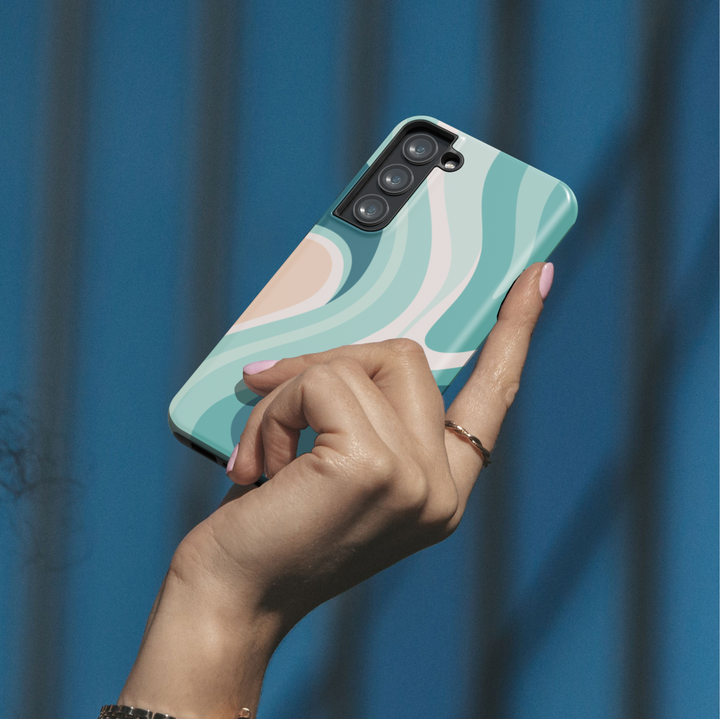 Samsung Galaxy case with abstract teal and nude wavy design – stylish protective cover for Galaxy S24 Ultra, S25, and S24 FE. Coastal aesthetic.