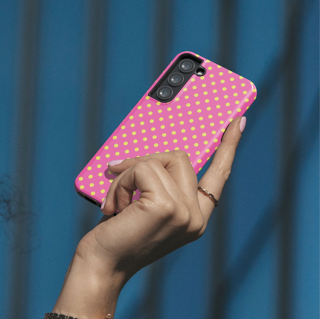 Pink Samsung Galaxy case with yellow polka dots – cute and colorful tough phone cover for Galaxy S24, S23, and more