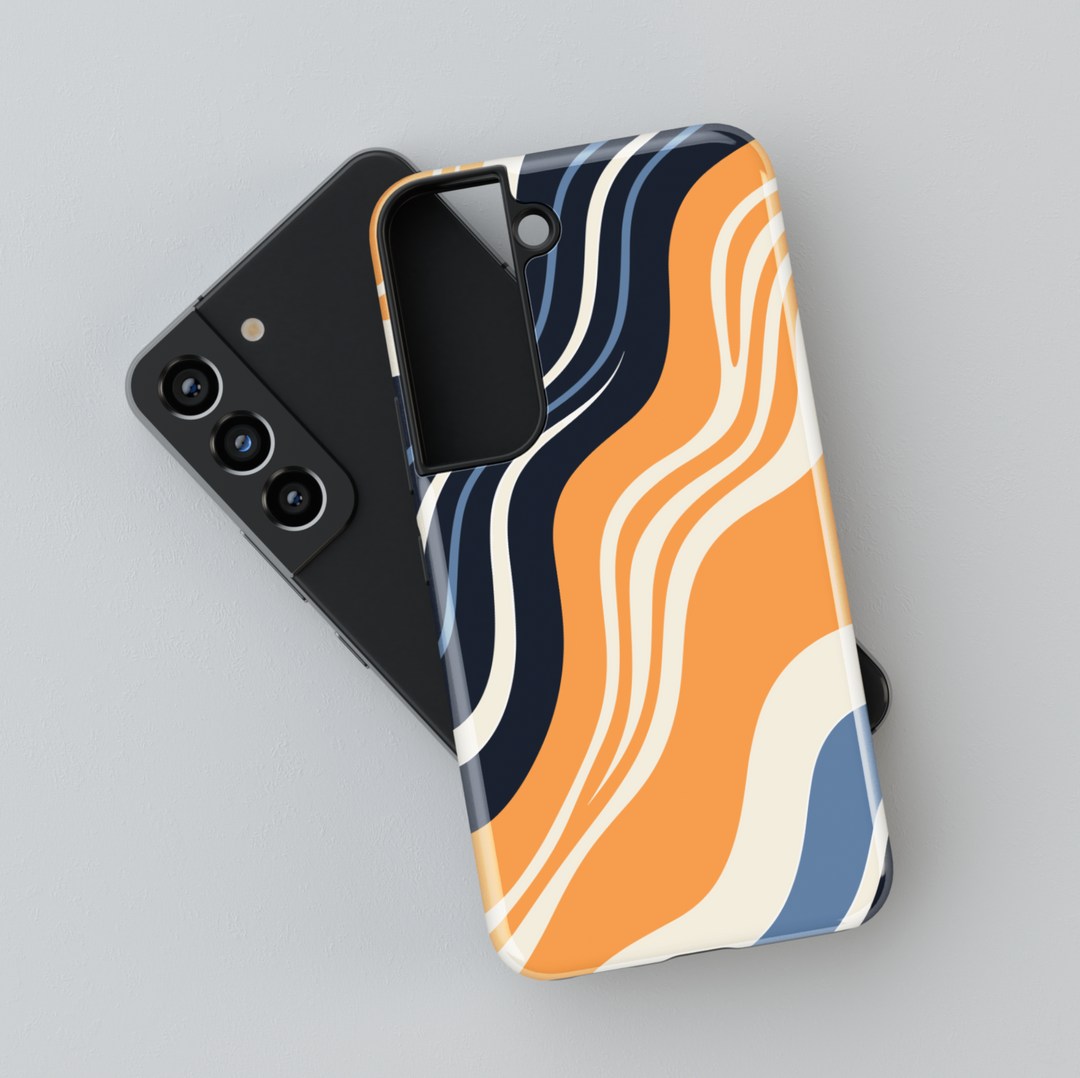 Samsung Galaxy case with retro wavy abstract pattern in navy, orange, cream, and blue – aesthetic phone case for Galaxy S24 Ultra, S25, and S24 FE.