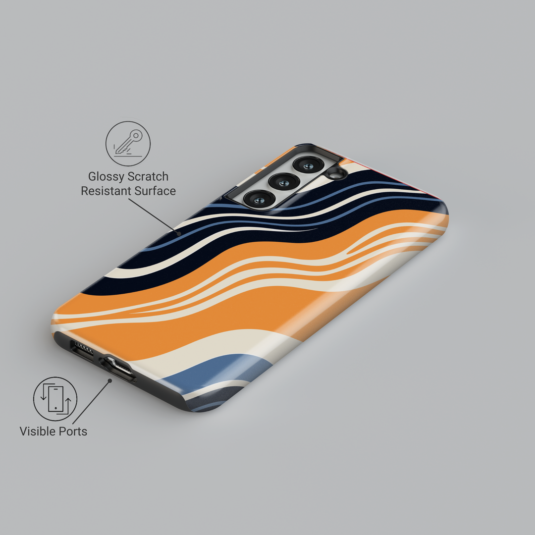 Samsung Galaxy case with retro wavy abstract pattern in navy, orange, cream, and blue – aesthetic phone case for Galaxy S24 Ultra, S25, and S24 FE.
