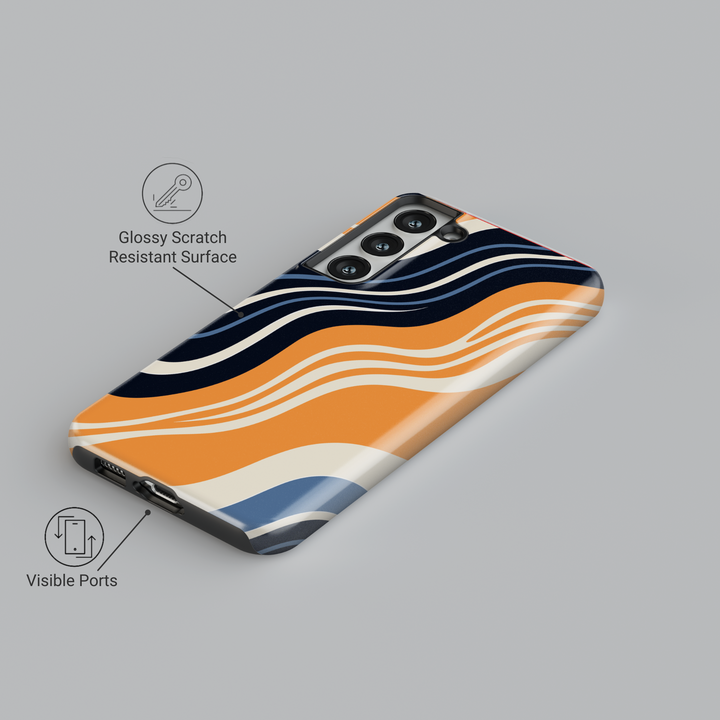 Samsung Galaxy case with retro wavy abstract pattern in navy, orange, cream, and blue – aesthetic phone case for Galaxy S24 Ultra, S25, and S24 FE.