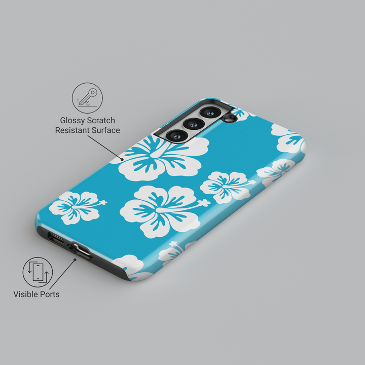 Tropical blue hibiscus flower phone case for Samsung Galaxy S25 Ultra, Galaxy S24 FE, Galaxy S23 Ultra – Hawaiian floral design, summer beach aesthetic, durable protective case with bold white hibiscus pattern on aqua blue background.