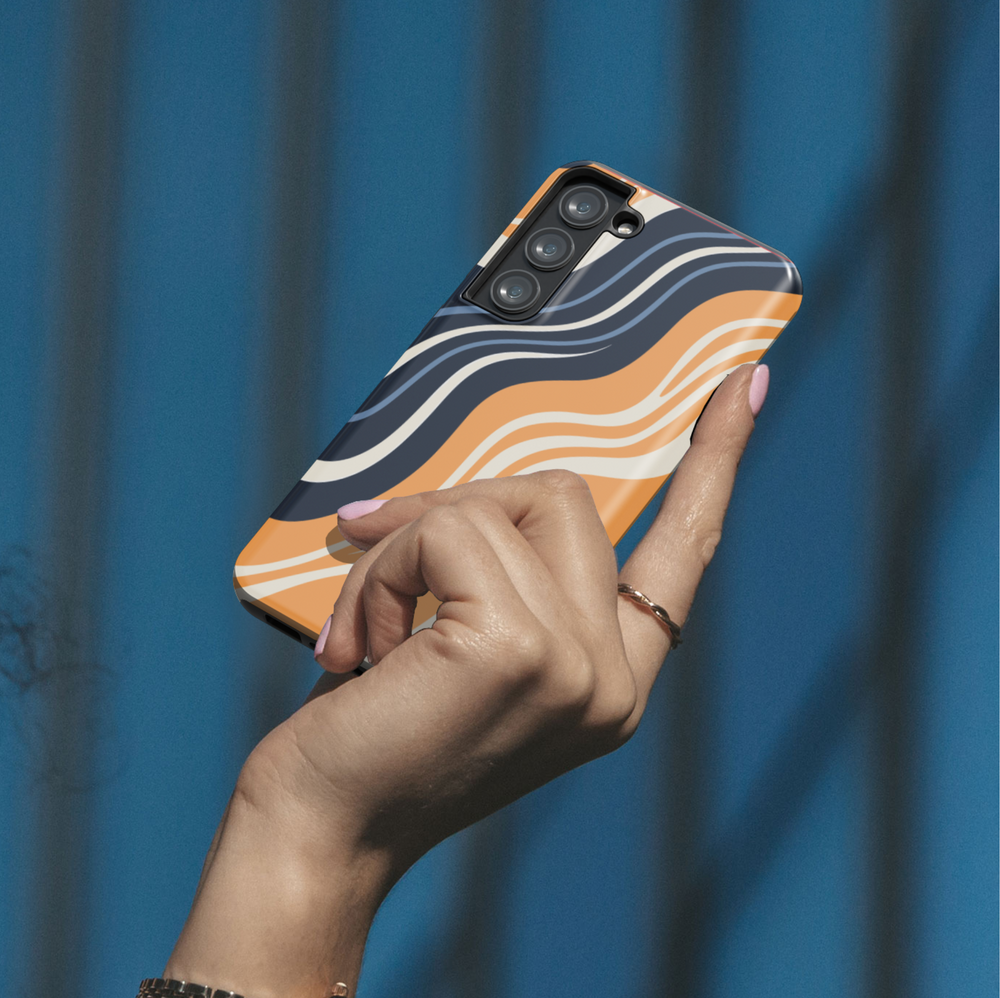 Samsung Galaxy case with retro wavy abstract pattern in navy, orange, cream, and blue – aesthetic phone case for Galaxy S24 Ultra, S25, and S24 FE.