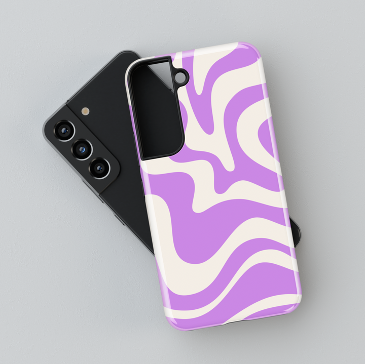 Samsung Galaxy phone case with abstract lavender swirl design on cream background – aesthetic pastel cover for Galaxy S24 Ultra, S25, and S24 FE.