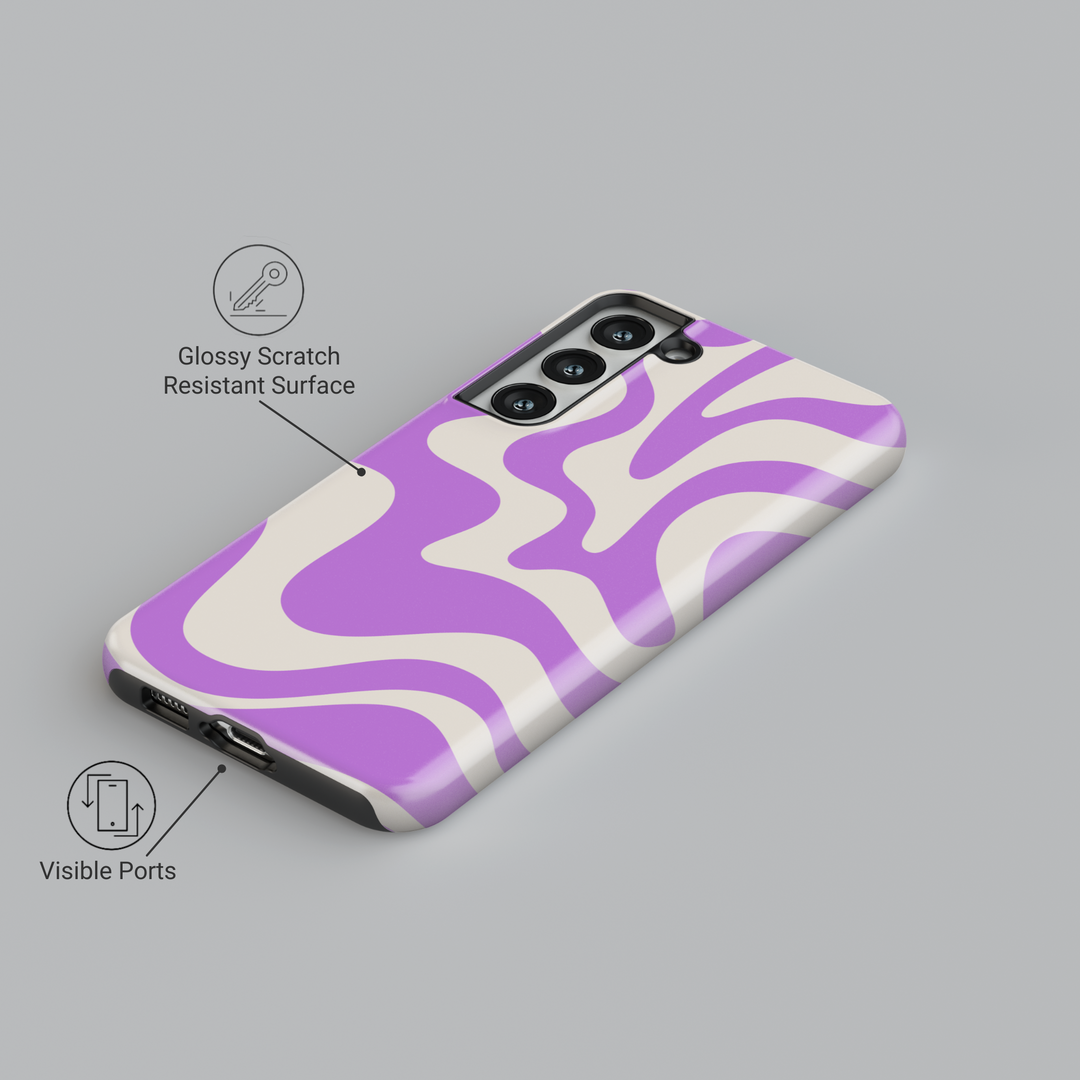 Samsung Galaxy phone case with abstract lavender swirl design on cream background – aesthetic pastel cover for Galaxy S24 Ultra, S25, and S24 FE.
