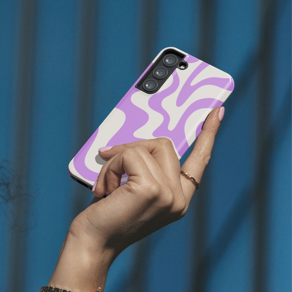 Samsung Galaxy phone case with abstract lavender swirl design on cream background – aesthetic pastel cover for Galaxy S24 Ultra, S25, and S24 FE.