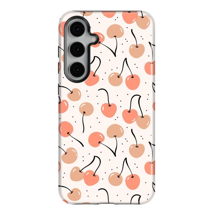 Blush cherry Samsung Galaxy S24 Ultra case with nude and pink fruit pattern on cream background – cute protective cover for Galaxy S25, S24 FE, and other Samsung models.