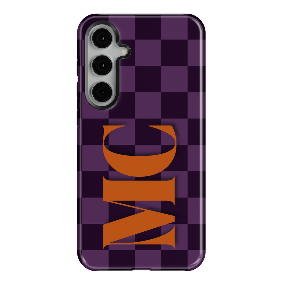 Samsung Galaxy Purple Checkerboard Case with Orange Monogram – Fits S24, S25 Ultra, S23