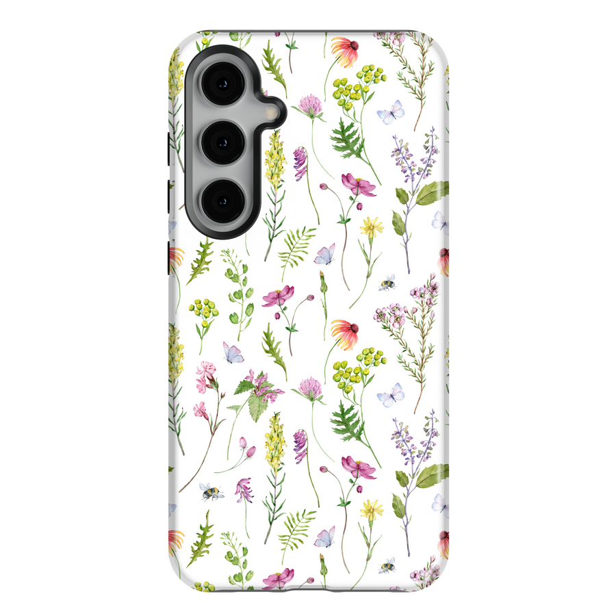 Samsung Galaxy case with watercolor wildflowers and butterflies on white background – cottagecore floral tough phone case