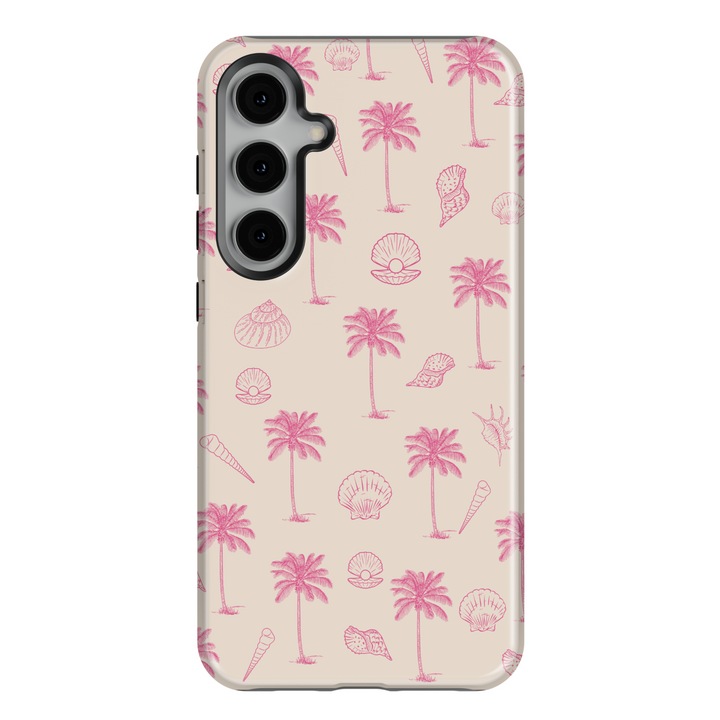 Samsung Galaxy phone case with pink palm trees and shell sketch pattern on beige background – fits Galaxy S24 Ultra, S24 Plus, and S23 FE. Tropical aesthetic for summer lovers.