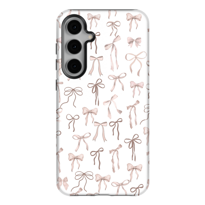Feminine pastel pink bow pattern iPhone case with white background – Coquette aesthetic Galaxy S25 Ultra, S24FE, S23