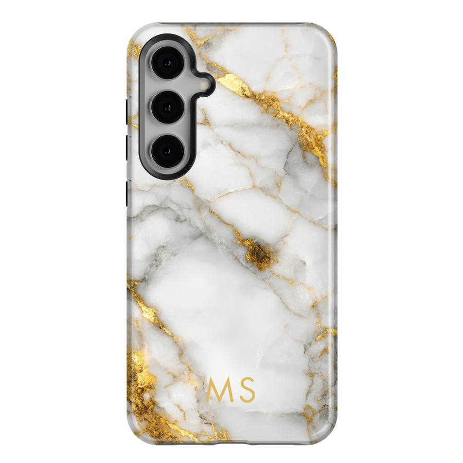 Samsung Galaxy S25 Ultra and S24FE tough phone case with white marble design, gold veins, and personalized monogram.