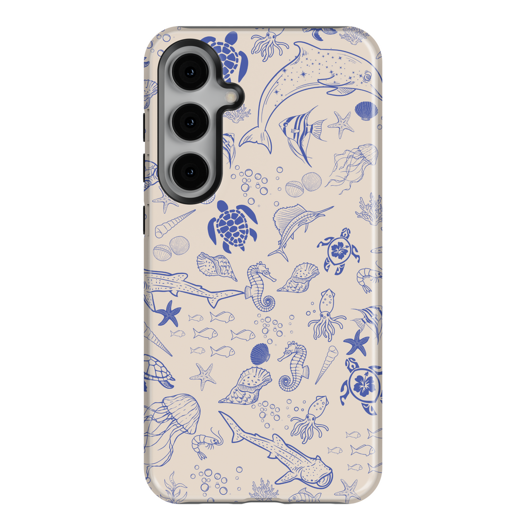 Samsung Galaxy phone case with blue ocean animal sketches on beige background – fits Galaxy S24 Ultra, S24 Plus, and S23 FE. Coastal sea life design for beach lovers