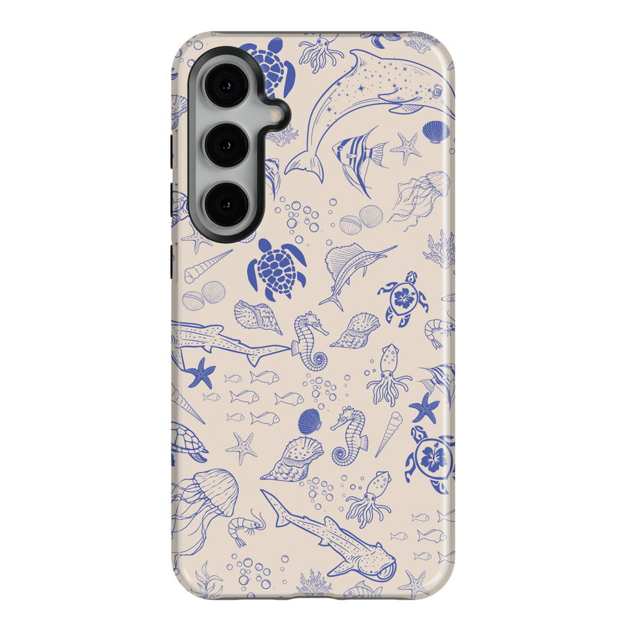 Samsung Galaxy phone case with blue ocean animal sketches on beige background – fits Galaxy S24 Ultra, S24 Plus, and S23 FE. Coastal sea life design for beach lovers