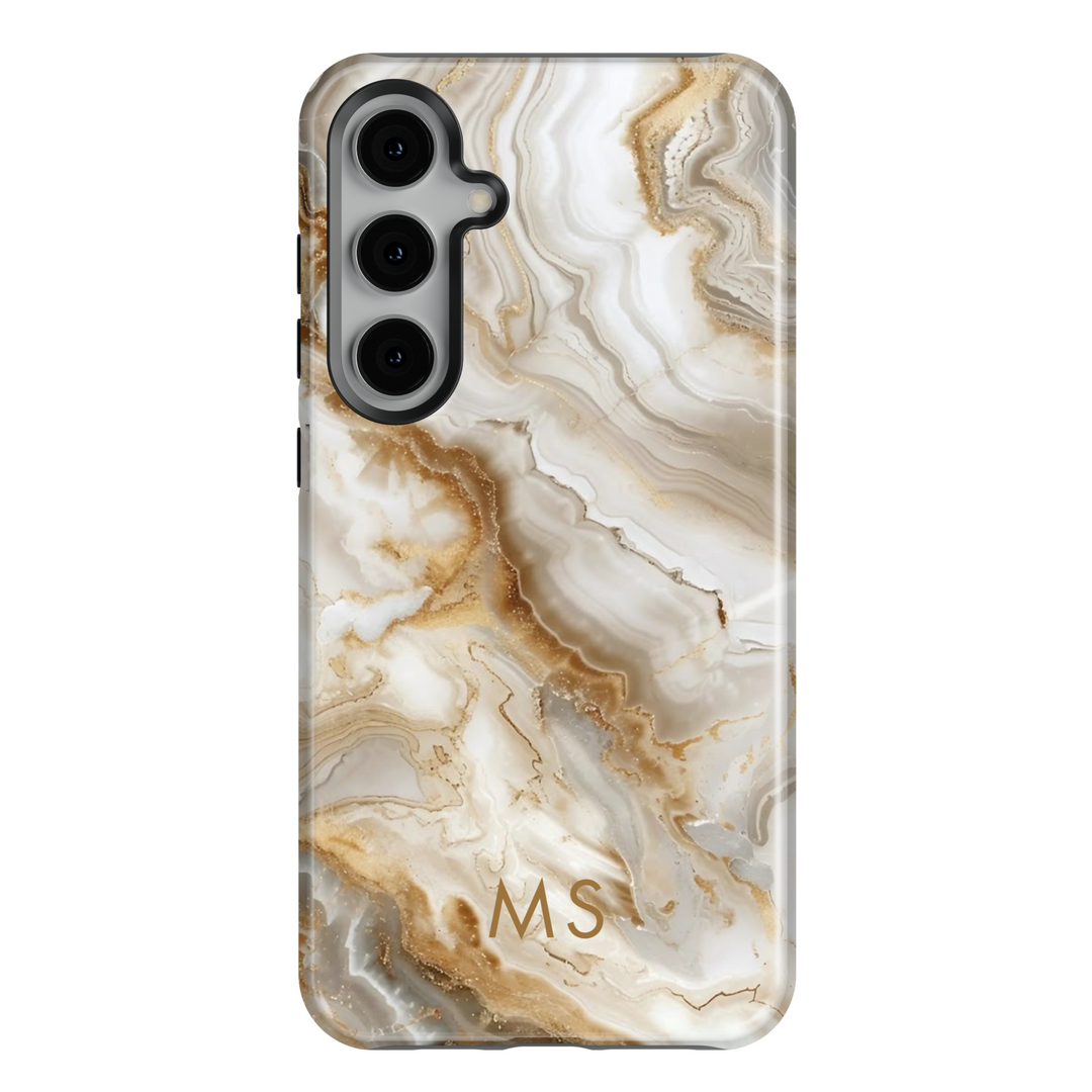 Samsung Galaxy S25 Ultra and S24FE tough phone case with white marble design, gold veins, and personalized monogram.