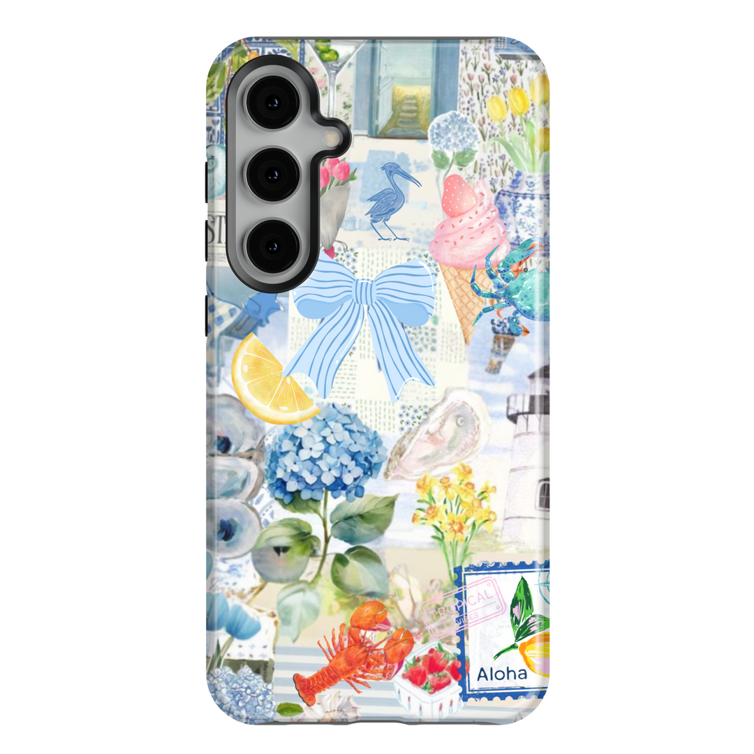 Samsung Galaxy S25 Ultra & S24 FE Tough Case – Watercolor Coastal Collage with Ice Cream, Lemon, Blue Flowers, and Lighthouse