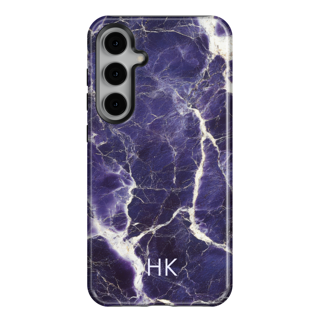 Samsung Galaxy S25 Ultra and S24FE tough phone case with deep purple marble design, white veining, and personalized monogram.