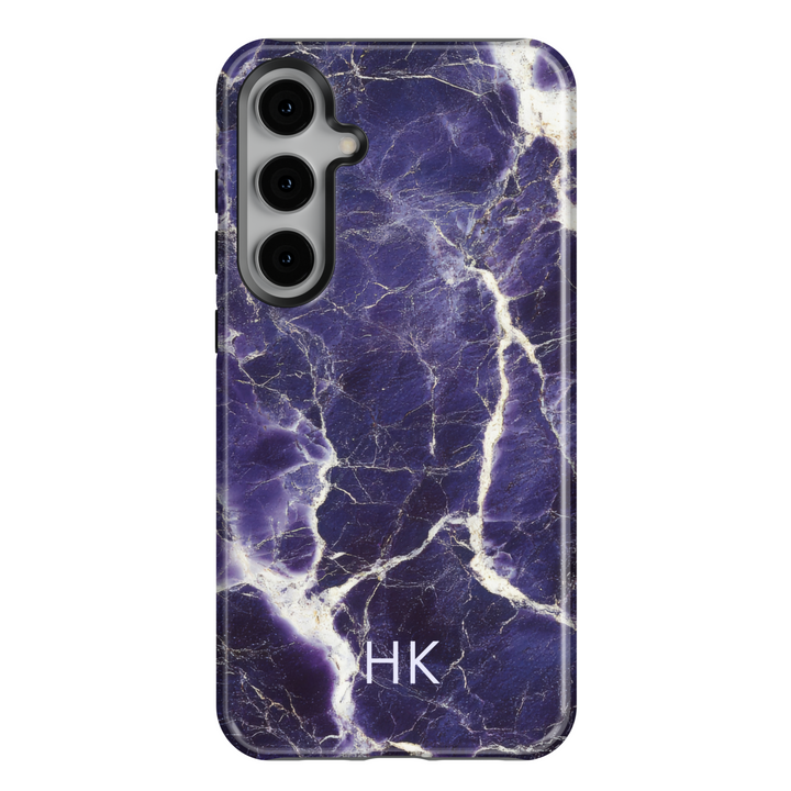 Samsung Galaxy S25 Ultra and S24FE tough phone case with deep purple marble design, white veining, and personalized monogram.
