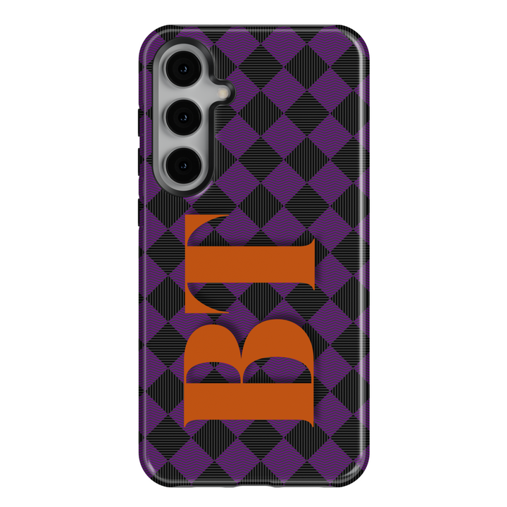 Samsung Galaxy Purple Plaid Phone Case with Large Orange Monogram – Fits S24, S25 Ultra, S23