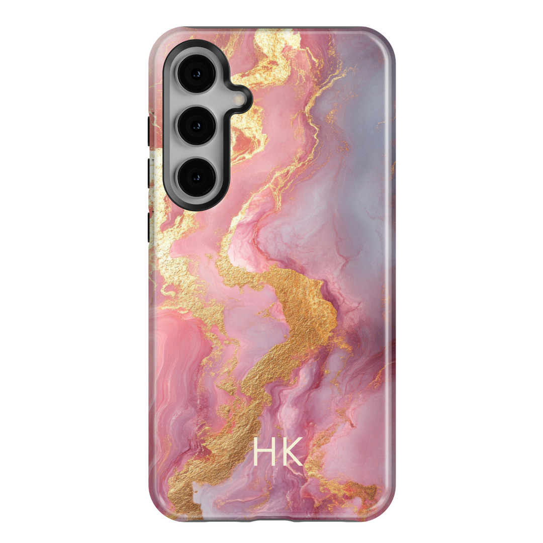 Samsung Galaxy S25 Ultra and S24FE tough phone case with pink marble and gold vein design, featuring personalized monogram.