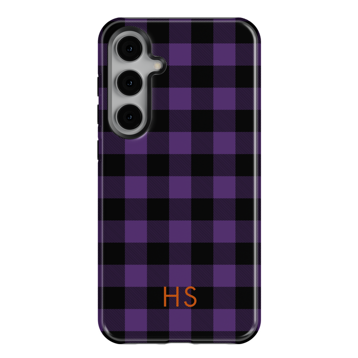 Samsung Galaxy Purple Buffalo Plaid Phone Case with Monogram – Fits S24, S25 Ultra, S23