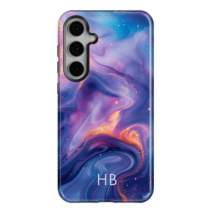 Samsung Galaxy S25 Ultra and S24FE tough phone case with purple, pink, and gold galaxy smoke design and custom monogram.