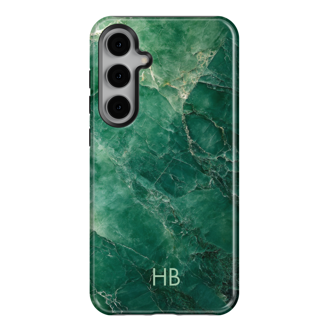 Samsung Galaxy S25 Ultra and S24FE tough phone case with deep green marble design and personalized monogram.