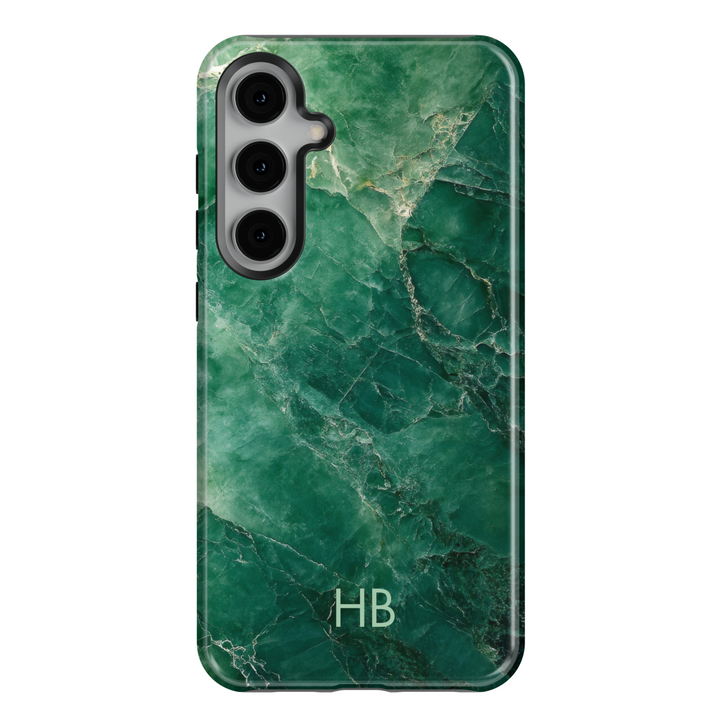 Samsung Galaxy S25 Ultra and S24FE tough phone case with deep green marble design and personalized monogram.