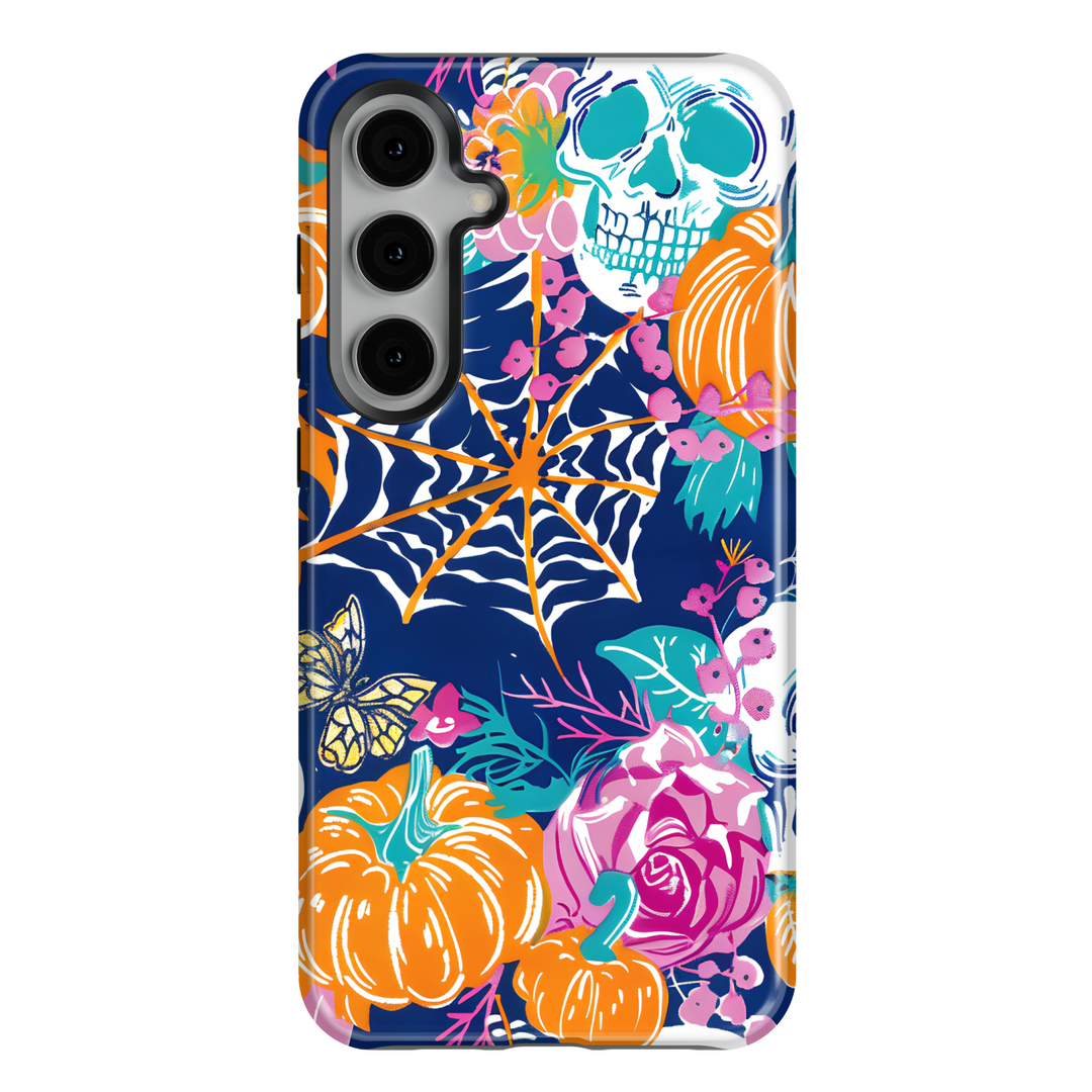 Samsung Galaxy Case with Colorful Floral Skull and Pumpkin Halloween Design – Fits S24, S25 Ultra, S23