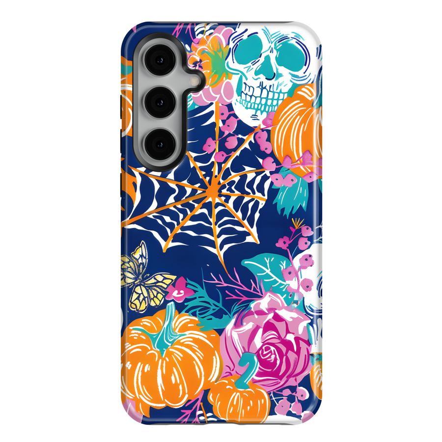 Samsung Galaxy Case with Colorful Floral Skull and Pumpkin Halloween Design – Fits S24, S25 Ultra, S23