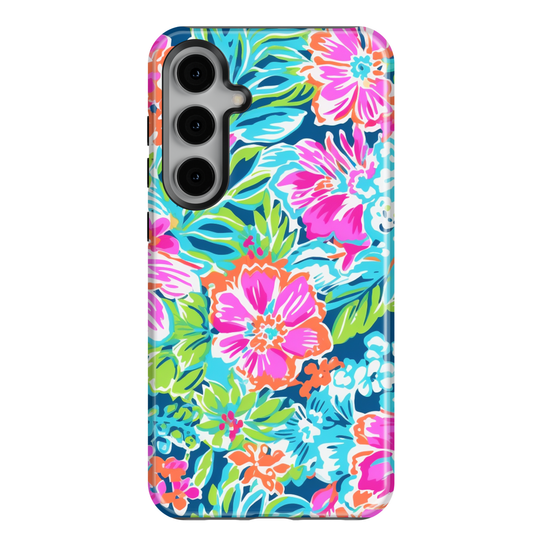 Samsung Galaxy case with bright tropical floral pattern in pink, orange, green, and blue – summer aesthetic tough cover