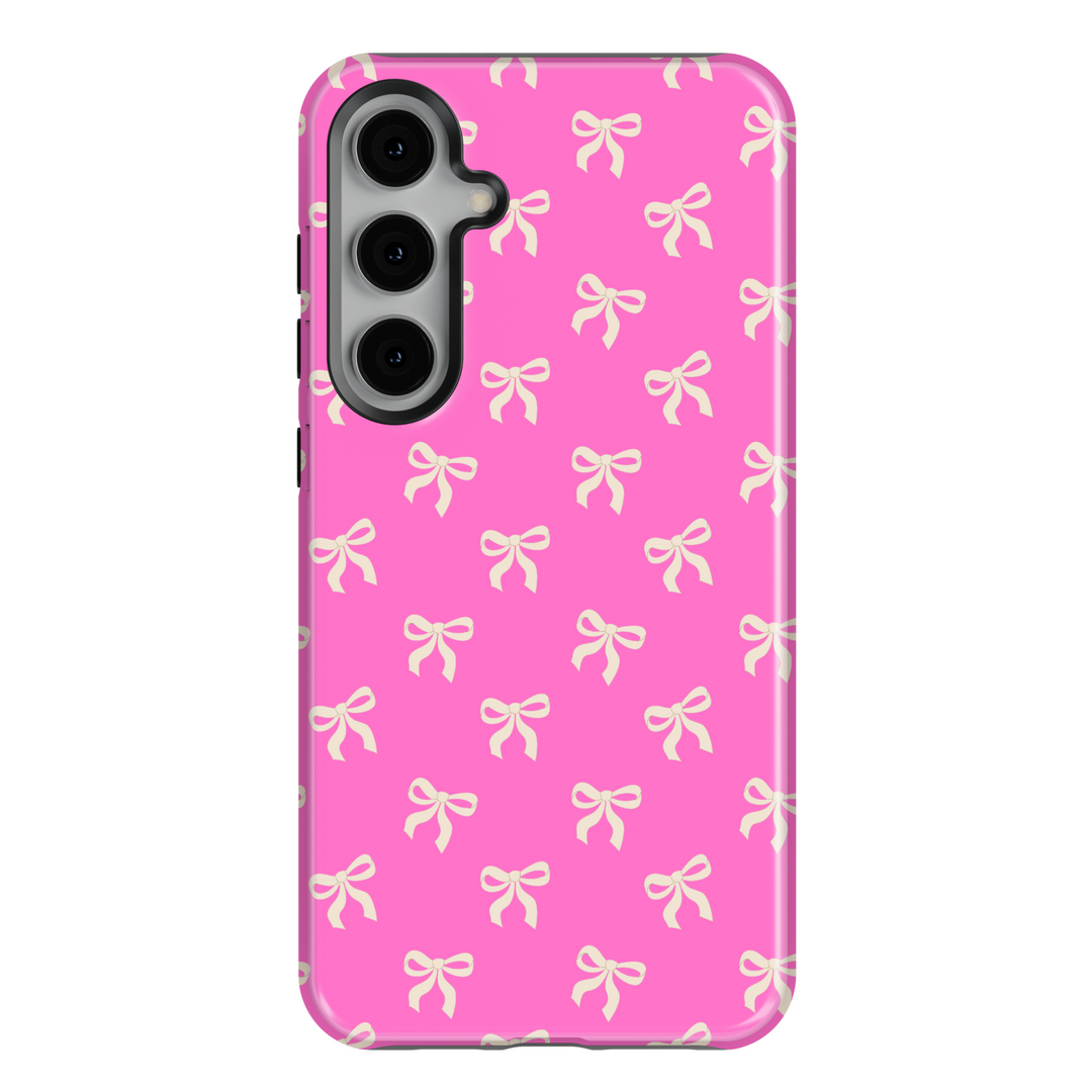 Samsung Galaxy case with cream bow pattern on hot pink background – girly coquette aesthetic phone cover