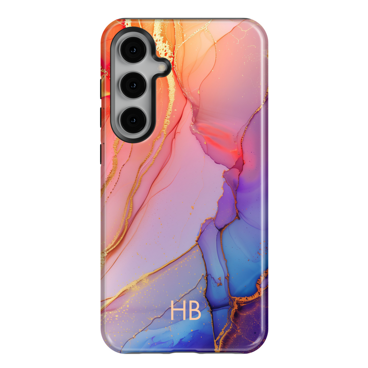 Samsung Galaxy S25 Ultra and S24FE tough phone case with pink, coral, and blue marble design, gold accents, and personalized monogram.