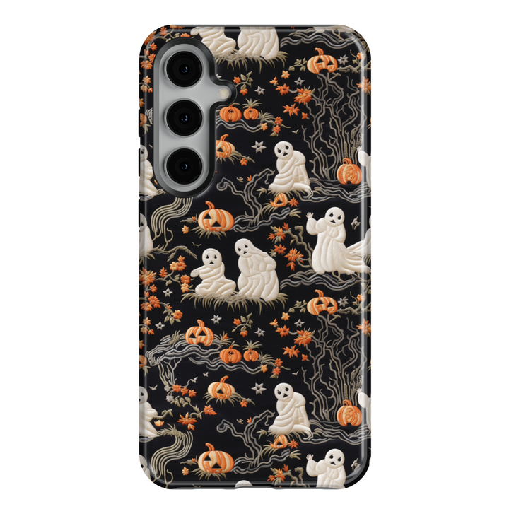 Samsung Galaxy S25 Ultra and S24 FE case with white ghosts, pumpkins, and fall leaves on black Halloween background.