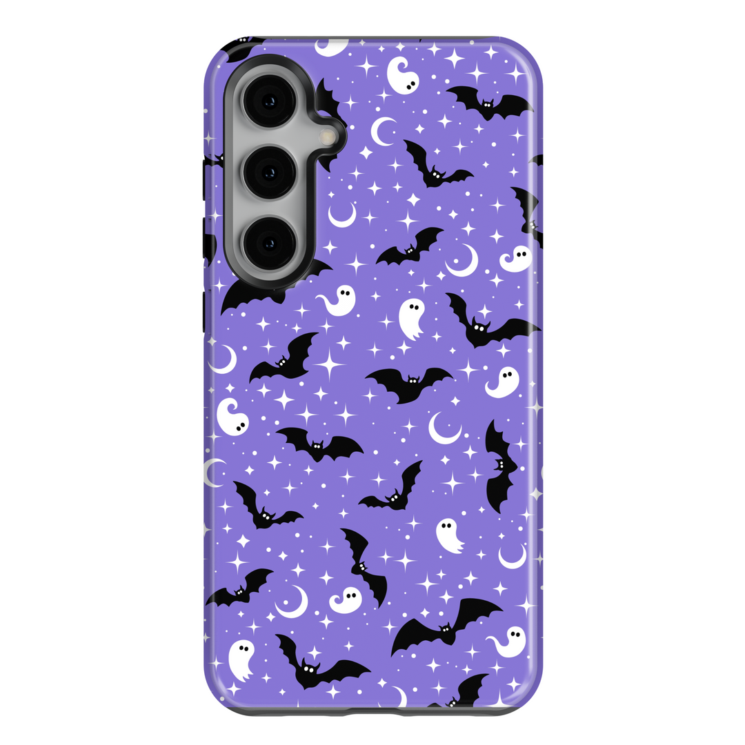 Purple Halloween Samsung Galaxy Case with Bats, Ghosts, and Stars – Fits S24, S25 Ultra, S23