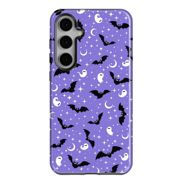 Purple Halloween Samsung Galaxy Case with Bats, Ghosts, and Stars – Fits S24, S25 Ultra, S23