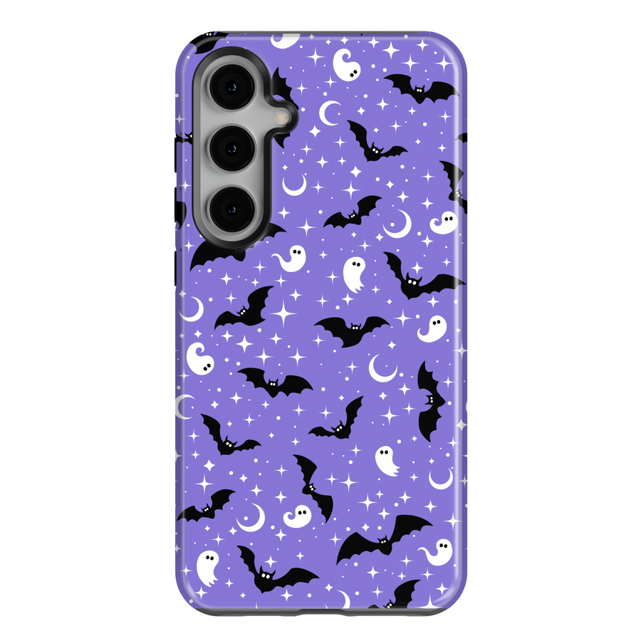 Purple Halloween Samsung Galaxy Case with Bats, Ghosts, and Stars – Fits S24, S25 Ultra, S23