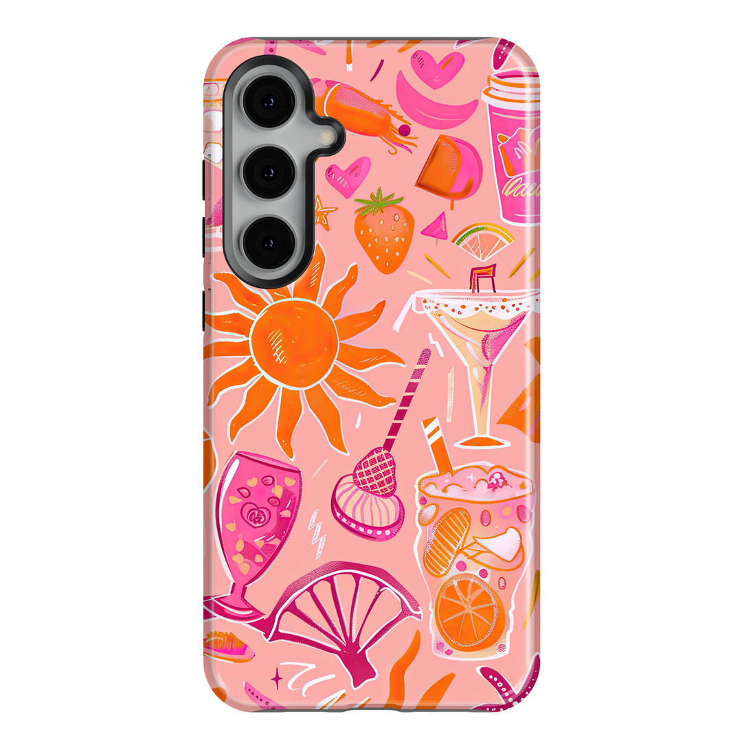 Samsung Galaxy S24 Ultra, S25, S24 FE Tough Case – Pink Summer Drink Pattern with Sun, Cocktails, Ice Cream, and Fruit, Protective Case for Women