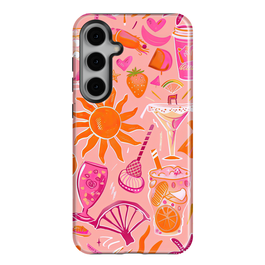 Samsung Galaxy S24 Ultra, S25, S24 FE Tough Case – Pink Summer Drink Pattern with Sun, Cocktails, Ice Cream, and Fruit, Protective Case for Women