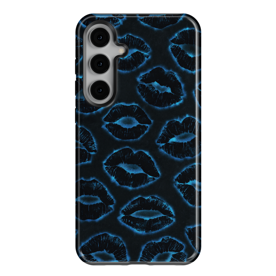 Samsung Galaxy S25 Ultra and S24 FE case with neon blue lips pattern on black background, bold and stylish design.