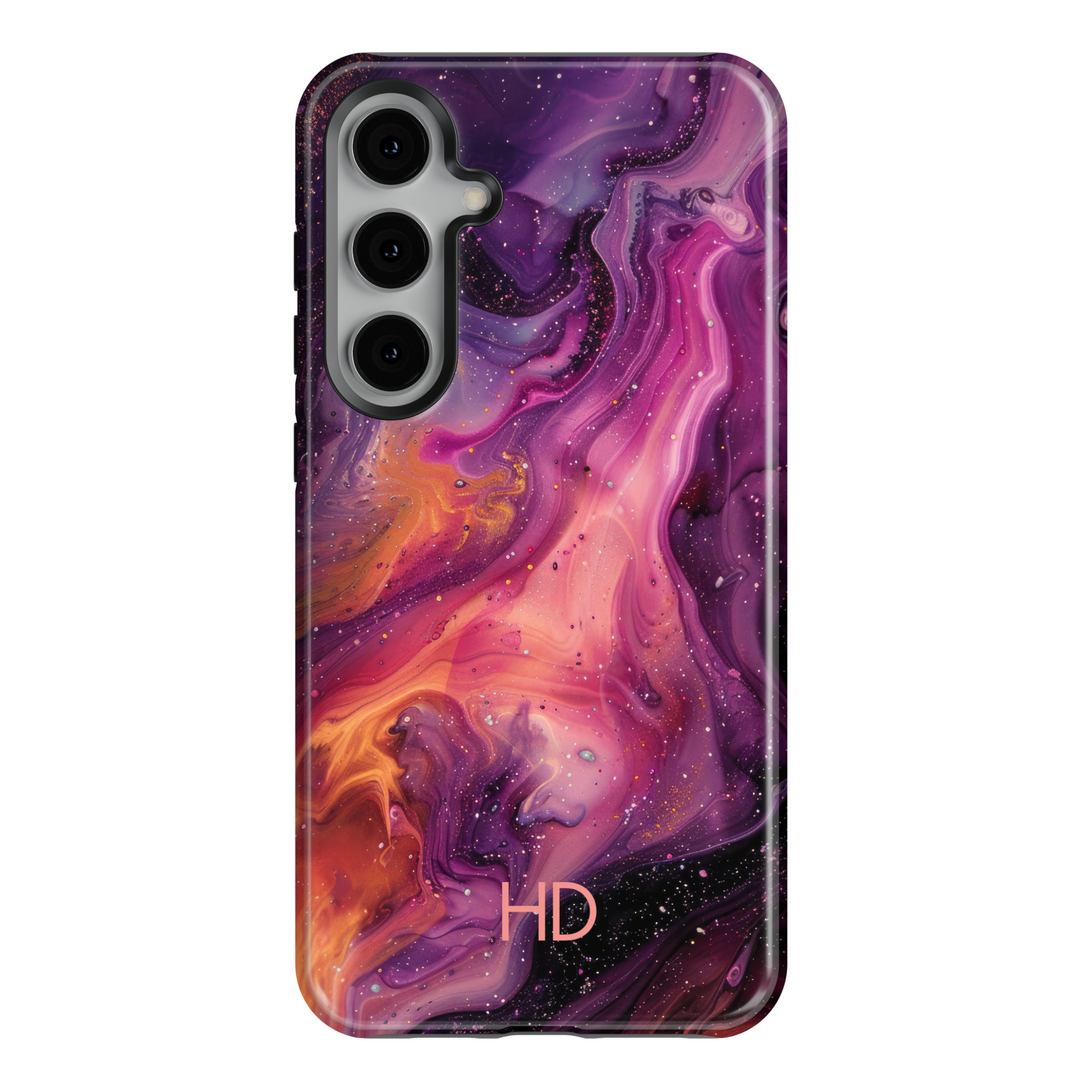 Samsung Galaxy S25 Ultra and S24FE tough phone case with purple, orange, and pink cosmic marble design, featuring personalized monogram.