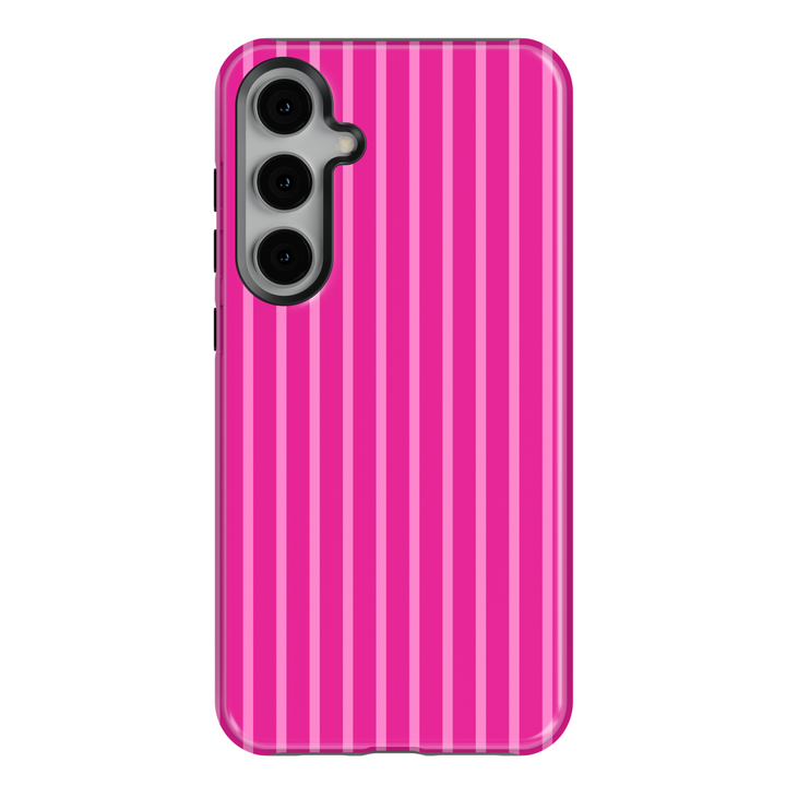 Hot pink Samsung Galaxy phone case with bold vertical magenta and fuchsia stripes – tough girly protective cover for Galaxy S24 Ultra and more