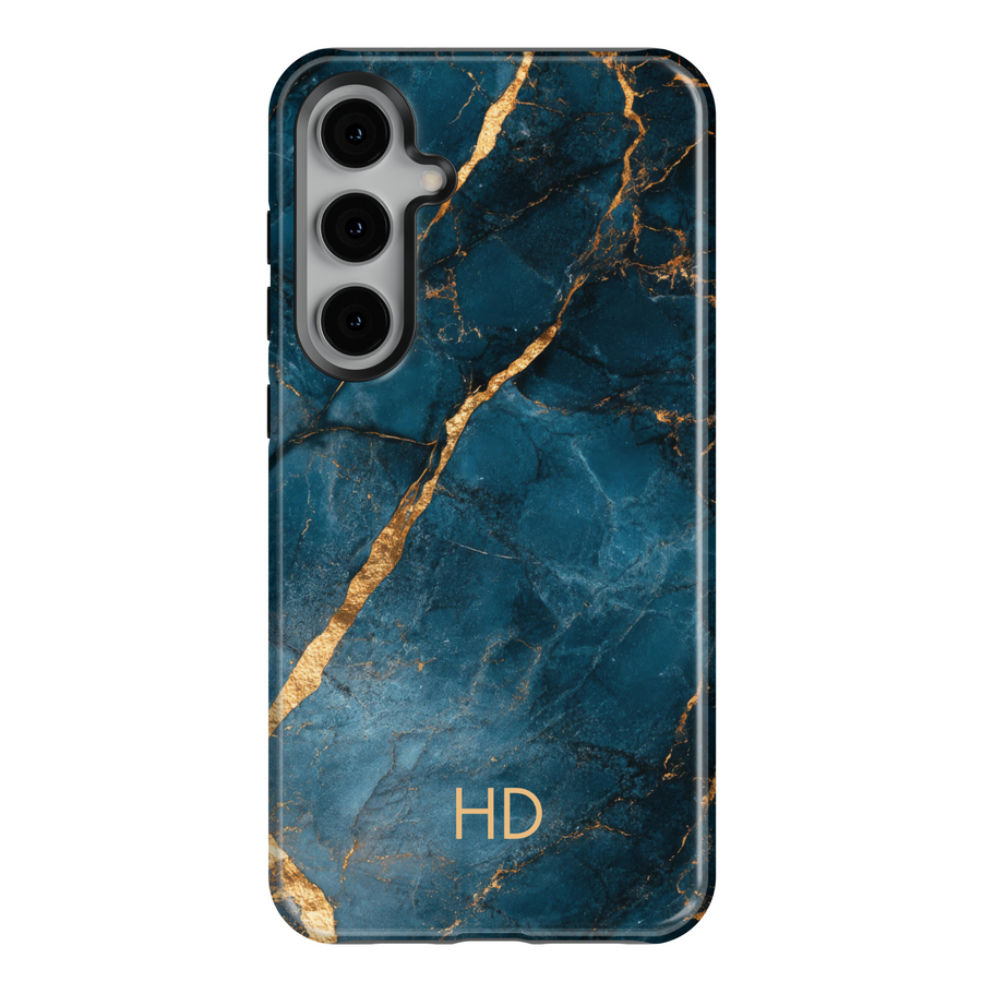 Samsung Galaxy S25 Ultra and S24FE tough phone case with teal marble background, gold vein accents, and custom monogram.