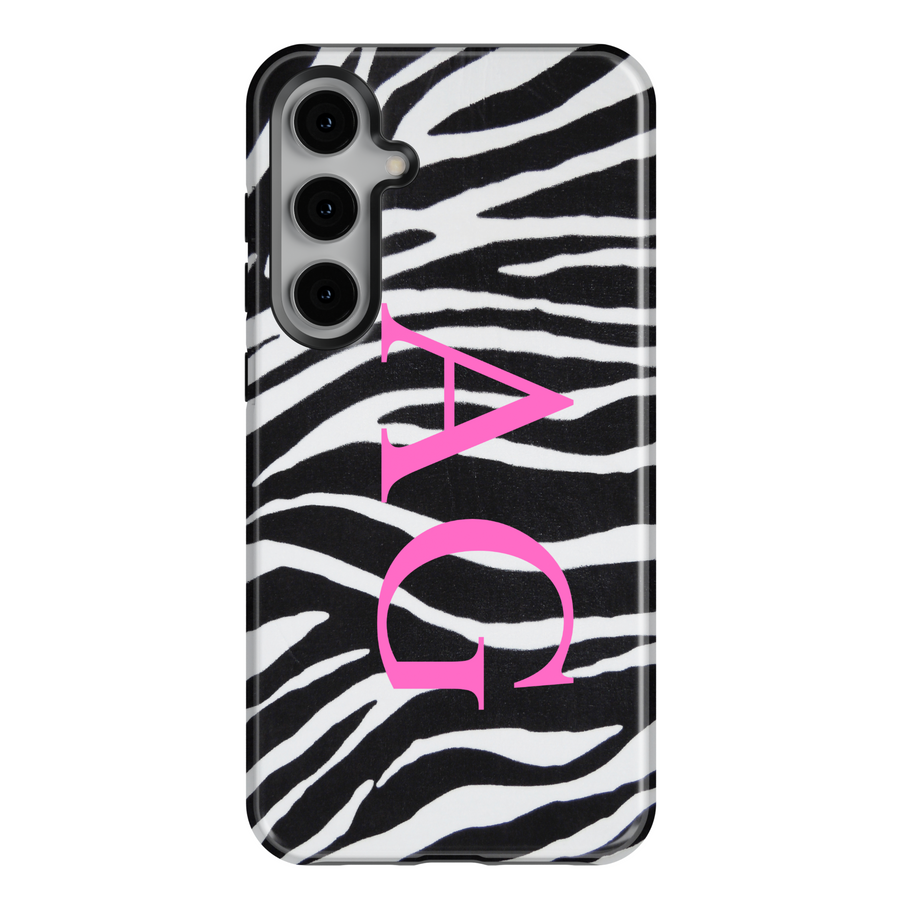 Zebra Print Samsung Galaxy Case with Pink Monogram Initials – Custom Protective Case for Galaxy S25 Ultra, S24 FE, S23 Ultra
