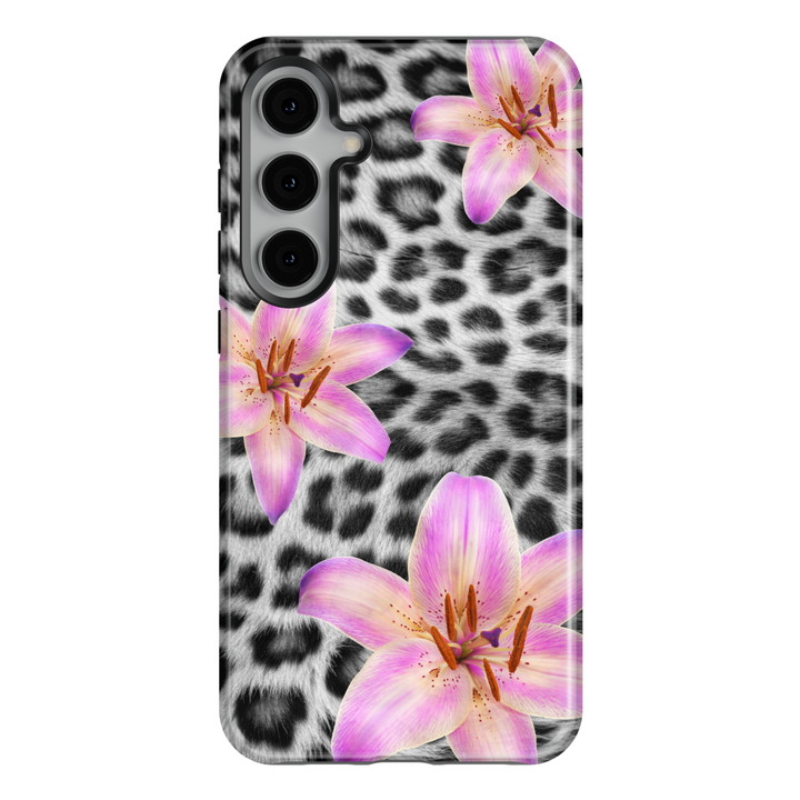 black and white leopard print and pink lily floral design – feminine aesthetic protective case