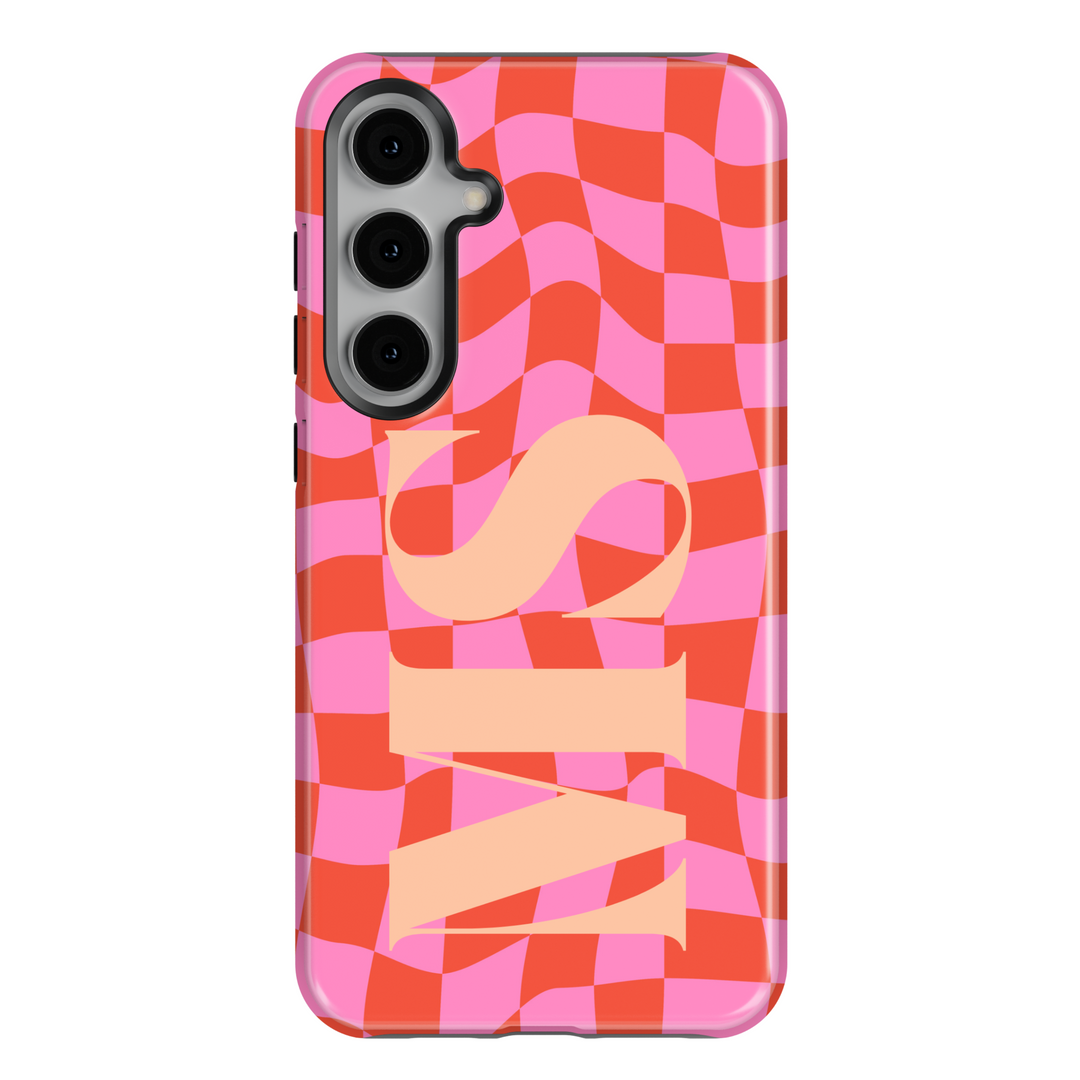 Samsung Galaxy case with pink and red wavy checkerboard pattern and bold monogram lettering, preppy chic retro aesthetic protective cover.