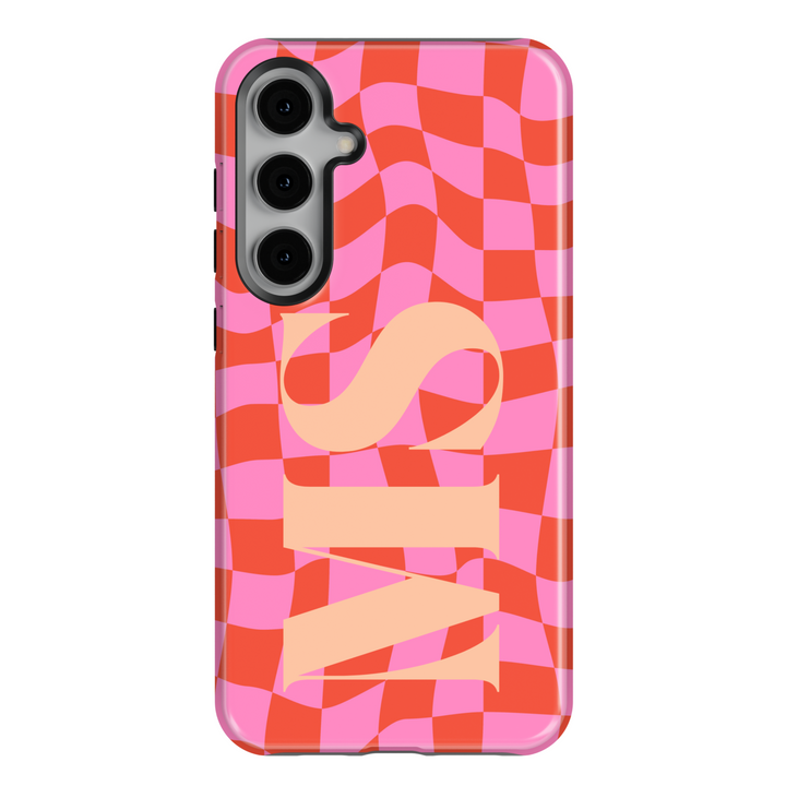 Samsung Galaxy case with pink and red wavy checkerboard pattern and bold monogram lettering, preppy chic retro aesthetic protective cover.
