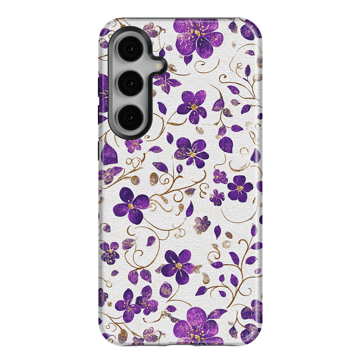 Samsung Galaxy tough phone case with purple and gold floral design on white textured background