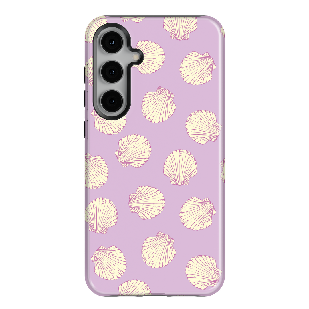 Lavender seashell Samsung Galaxy S24 Ultra case for women – pastel purple phone cover with yellow seashell print, beach aesthetic for Galaxy S25, S24 FE, and more.