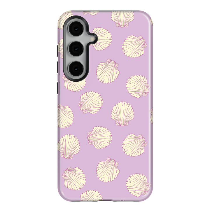Lavender seashell Samsung Galaxy S24 Ultra case for women – pastel purple phone cover with yellow seashell print, beach aesthetic for Galaxy S25, S24 FE, and more.